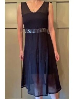 Ghost London Sheer Black V-Neck Sleeveless Midi Dress With Sequins Size Small